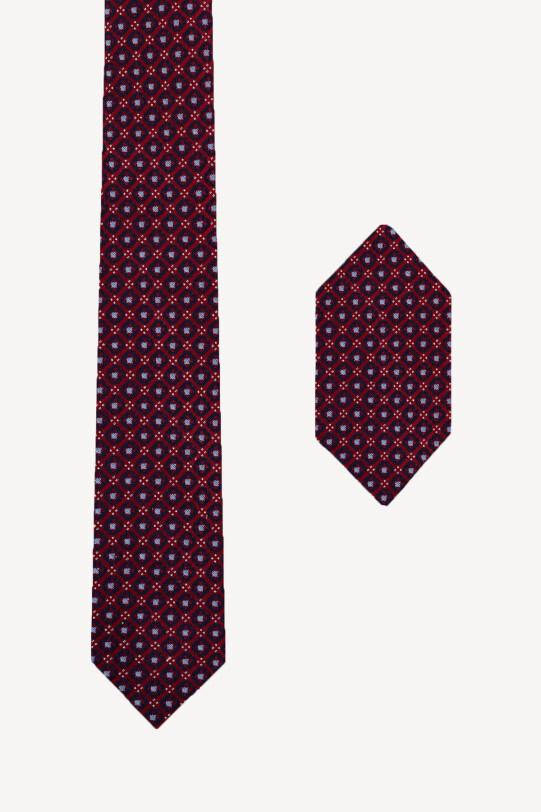 Erkek Bordo Desenli Kravat Mendil Set - YSF