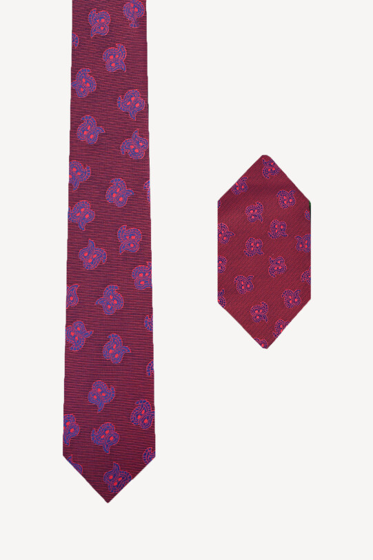Erkek Bordo Desenli Kravat Mendil Set - YSF