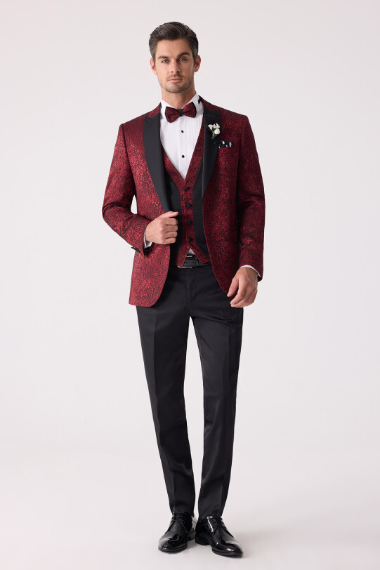 Erkek Bordo Kırlangıç Yaka Yelekli Slim Fit Desenli Damatlık