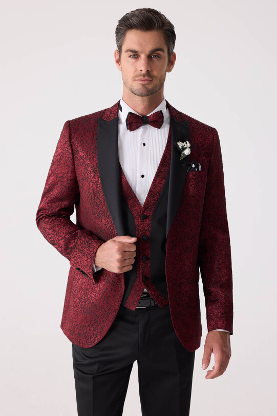 Erkek Bordo Kırlangıç Yaka Yelekli Slim Fit Desenli Damatlık
