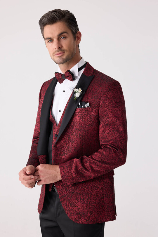 Erkek Bordo Kırlangıç Yaka Yelekli Slim Fit Desenli Damatlık