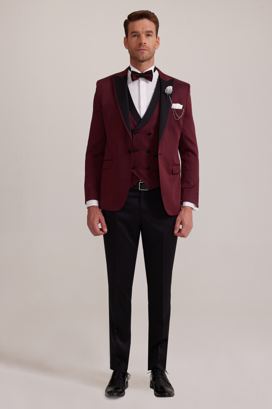 Erkek Bordo Kırlangıç Yaka Yelekli Slim Fit Desenli Damatlık