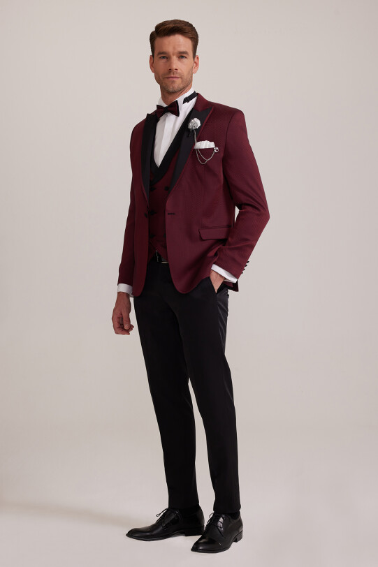 Erkek Bordo Kırlangıç Yaka Yelekli Slim Fit Desenli Damatlık