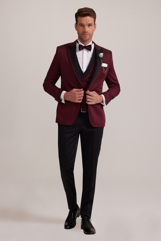 Erkek Bordo Kırlangıç Yaka Yelekli Slim Fit Desenli Damatlık