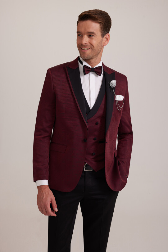 Erkek Bordo Kırlangıç Yaka Yelekli Slim Fit Desenli Damatlık