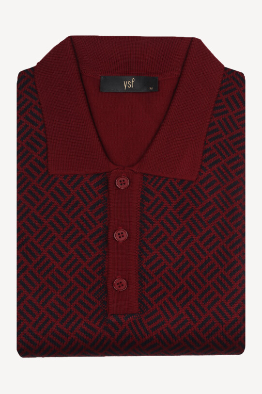 Erkek Bordo Klasik Polo Yaka Desenli Triko
