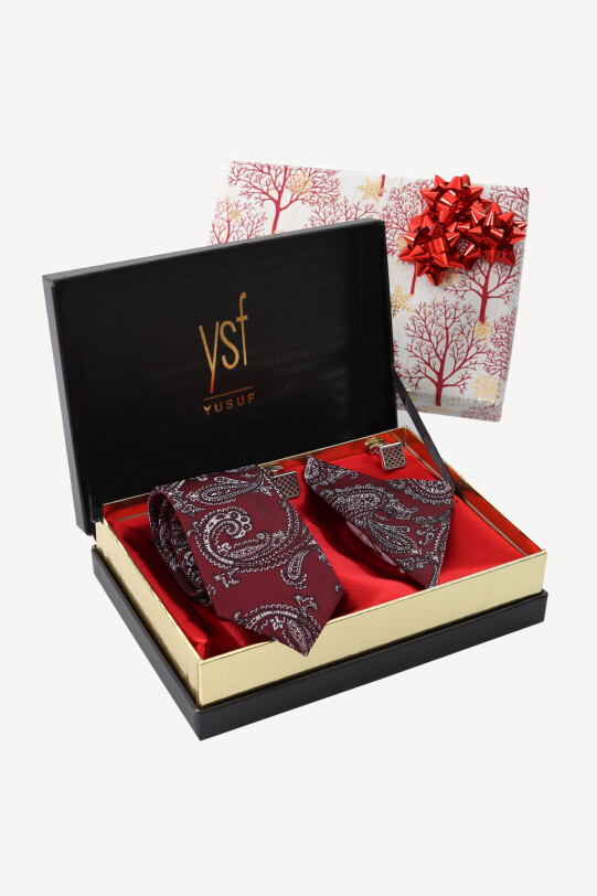 Erkek Bordo Kravat Mendil Kol Düğmesi Set - YSF (1)