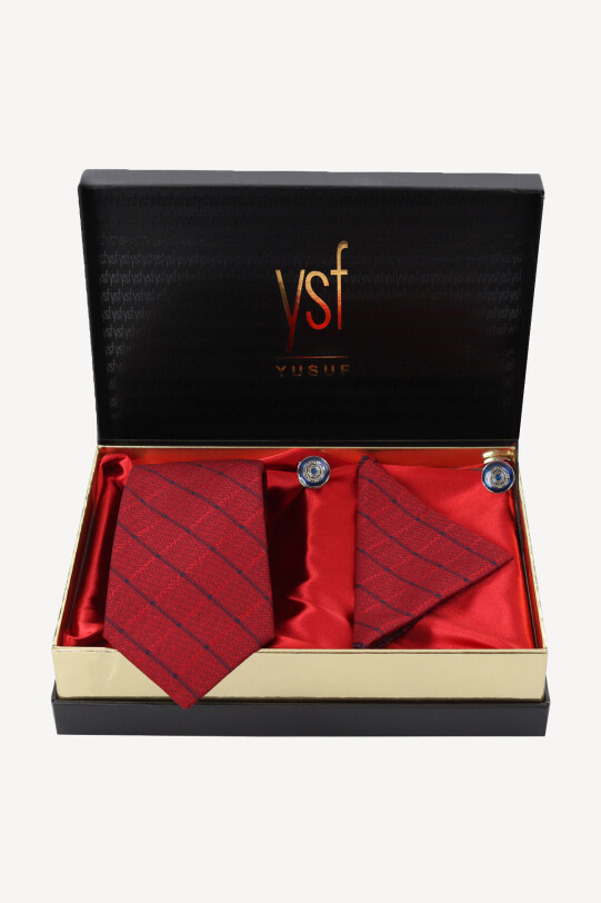 Erkek Bordo Kravat Mendil Kol Düğmesi Set - YSF