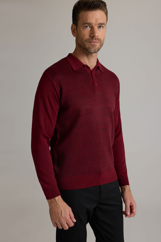 Erkek Bordo Polo Yaka Desenli Triko