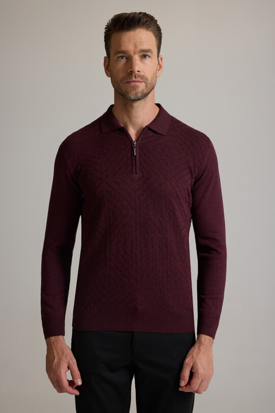 Erkek Bordo Polo Yaka Fermuarlı Triko