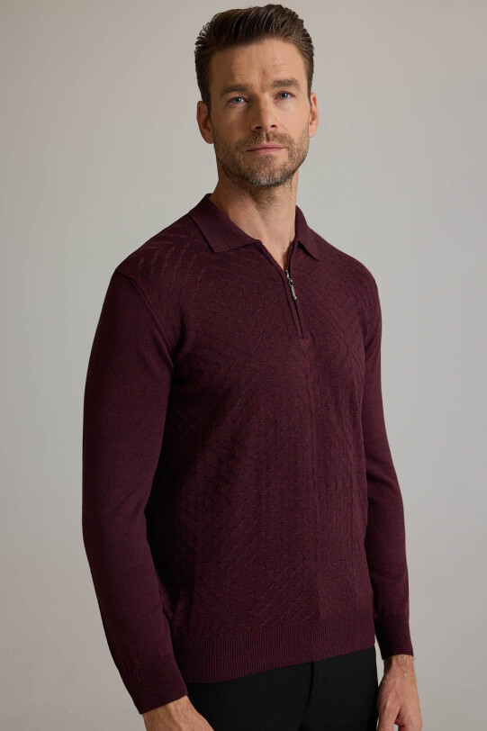 Erkek Bordo Polo Yaka Fermuarlı Triko