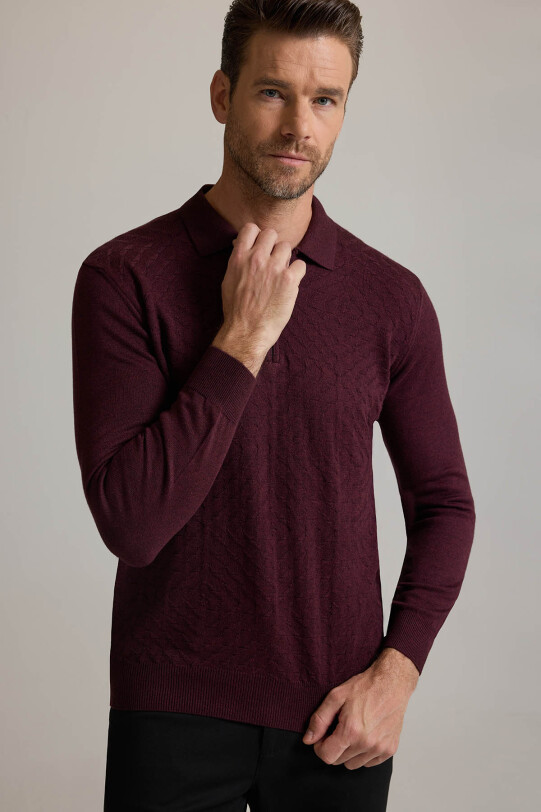 Erkek Bordo Polo Yaka Fermuarlı Triko