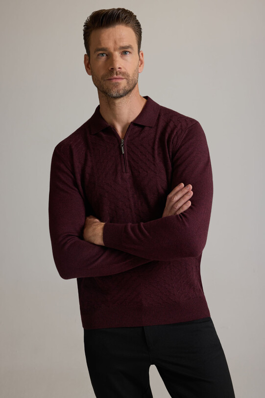 Erkek Bordo Polo Yaka Fermuarlı Triko