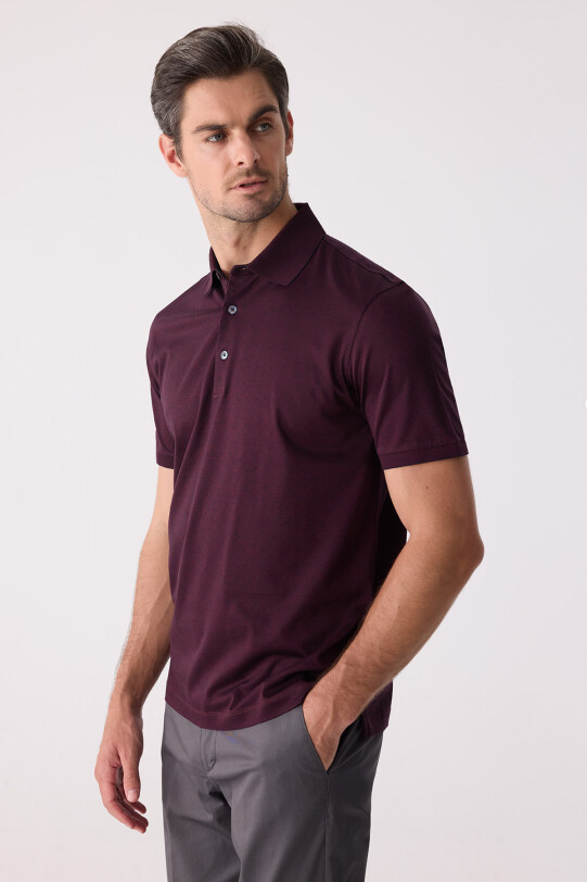 Erkek Bordo Regular Fit Desenli Merserize Polo Yaka Tişört
