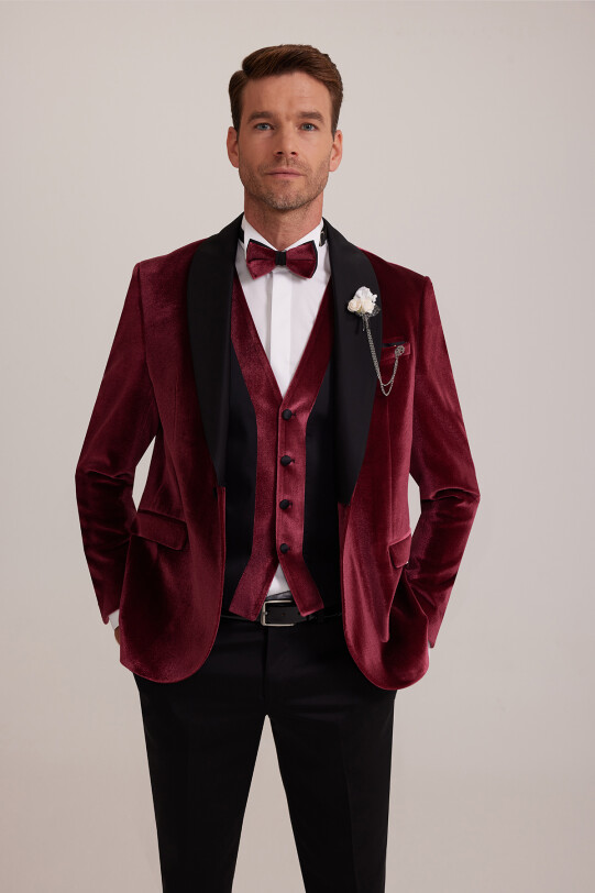 Erkek Bordo Şal Yaka Yelekli Slim Fit Damatlık