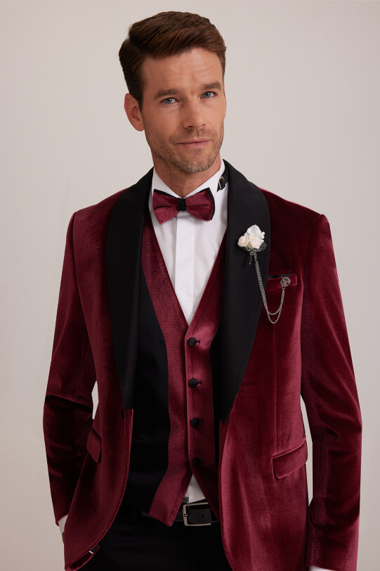 Erkek Bordo Şal Yaka Yelekli Slim Fit Damatlık