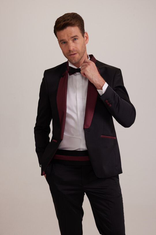 Erkek Bordo Siyah Slim Fit Şal Hakim Yaka Damatlık