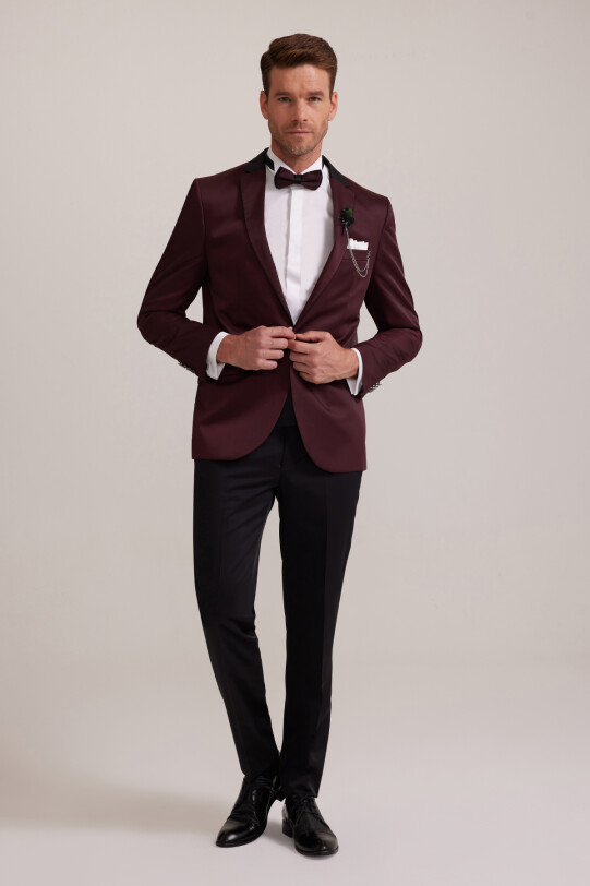Erkek Bordo Slim Fit Mono Yaka Damatlık