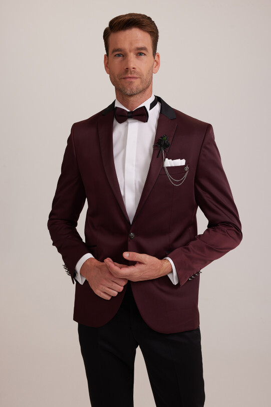 Erkek Bordo Slim Fit Mono Yaka Damatlık