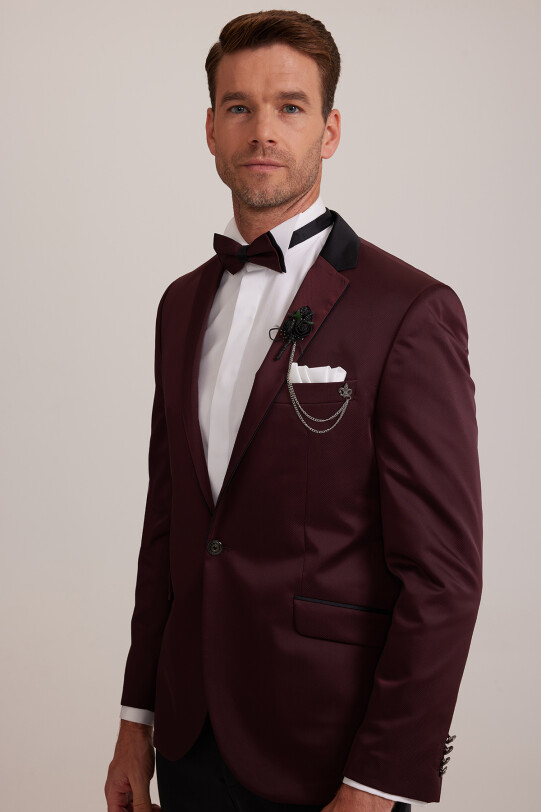 Erkek Bordo Slim Fit Mono Yaka Damatlık