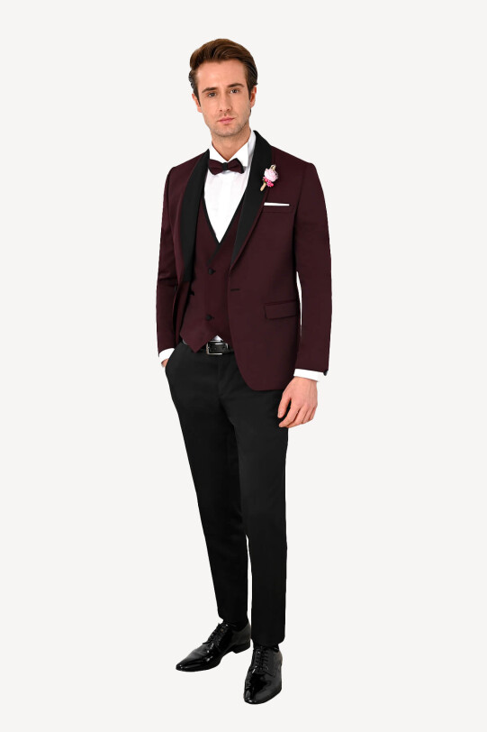 Erkek Bordo Slim Fit Yelekli Çıkma Şal Yaka Damatlık
