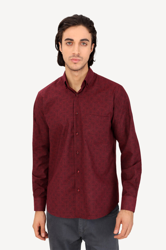 Erkek Bordo Uzun Kol Regular Fit Desenli Gömlek