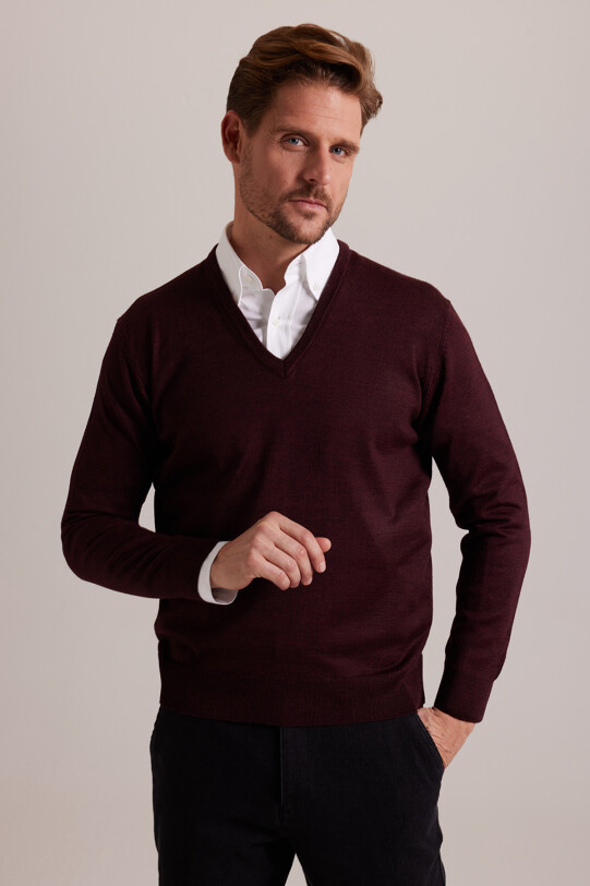 Erkek Bordo V Yaka Klasik Düz Triko