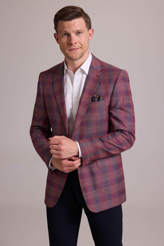 Erkek Bordo Yünlü Kareli Klasik Ceket