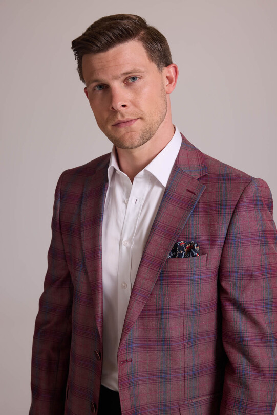 Erkek Bordo Yünlü Kareli Klasik Ceket