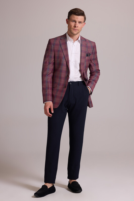Erkek Bordo Yünlü Kareli Klasik Ceket