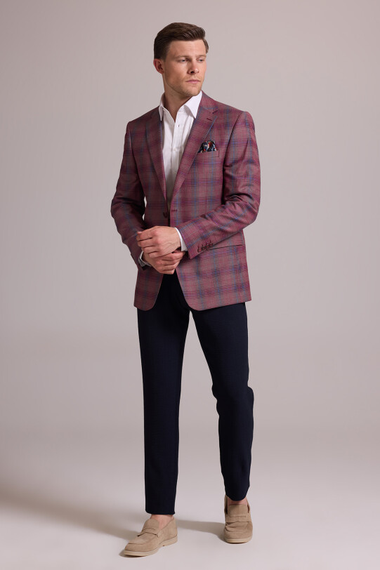 Erkek Bordo Yünlü Kareli Klasik Ceket