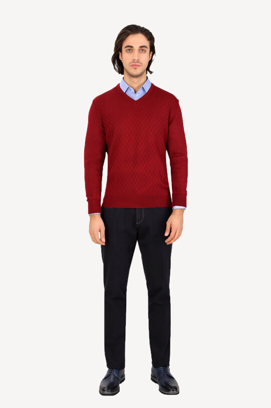Erkek Bordo Yünlü Klasik V Yaka Desenli Triko