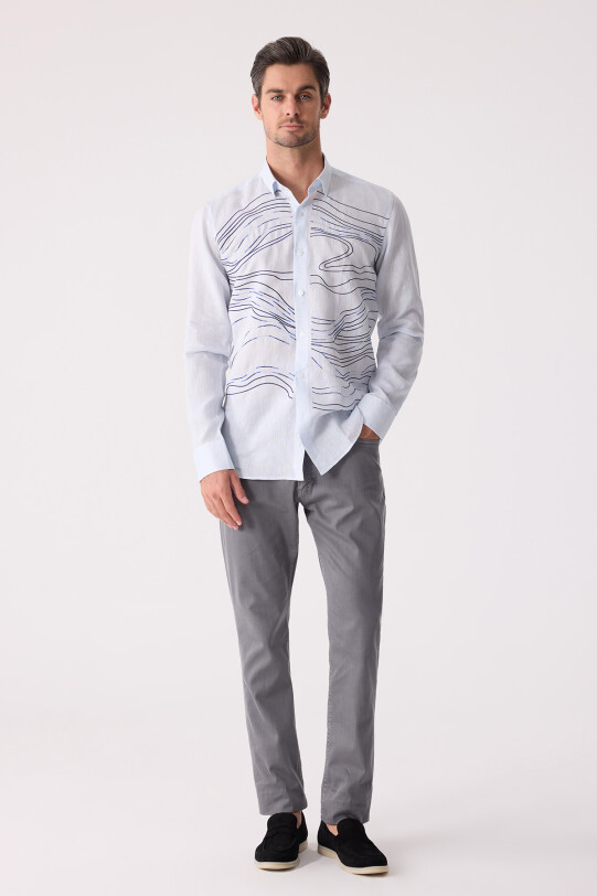 Erkek Buz Mavisi Gizli Yaka Düğmeli Keten Slim Fit Gömlek