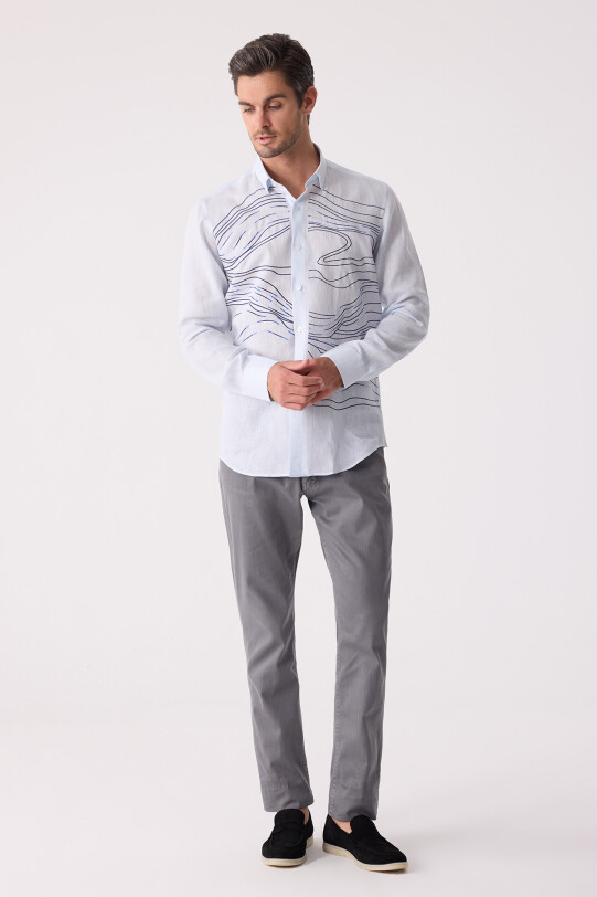 Erkek Buz Mavisi Gizli Yaka Düğmeli Keten Slim Fit Gömlek