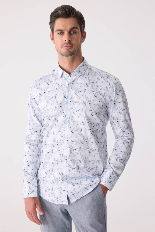 Erkek Buz Mavisi Gizli Yaka Düğmeli Slim Fit Keten Gömlek