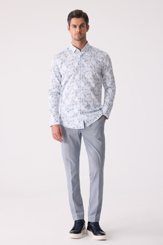 Erkek Buz Mavisi Gizli Yaka Düğmeli Slim Fit Keten Gömlek