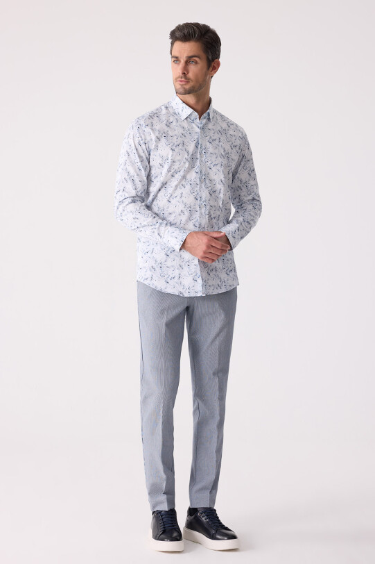 Erkek Buz Mavisi Gizli Yaka Düğmeli Slim Fit Keten Gömlek