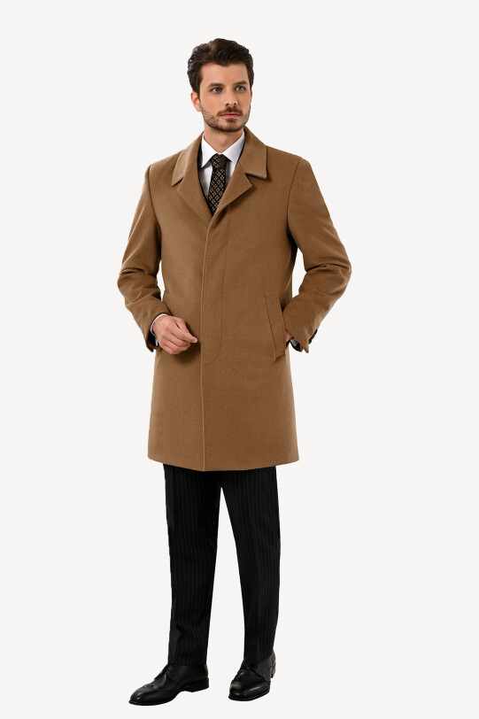 Erkek Camel Regular Fit Mono Yaka Kaşmir Palto - YSF