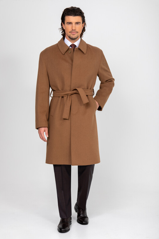 Erkek Camel Regular Fit Kaşmir Uzun Kuşaklı Palto - YSF