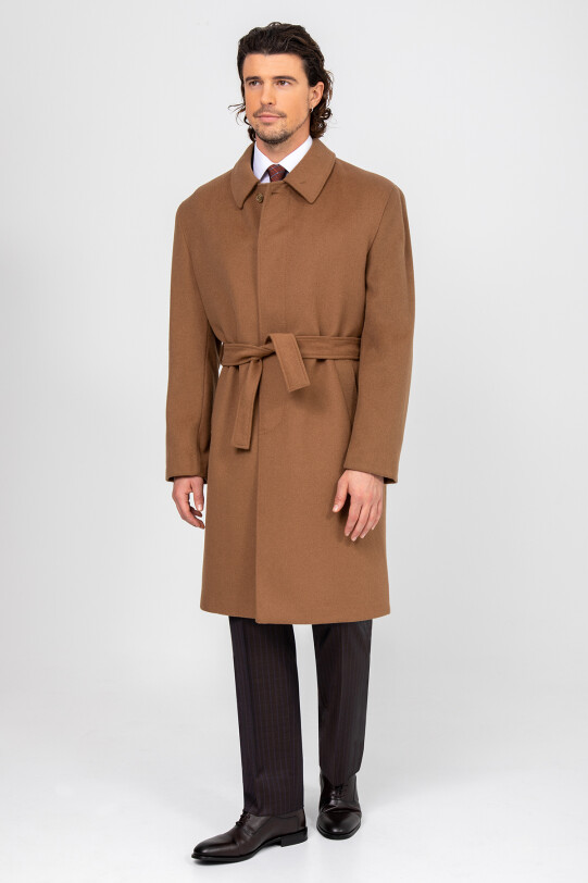 Erkek Camel Regular Fit Kaşmir Uzun Kuşaklı Palto