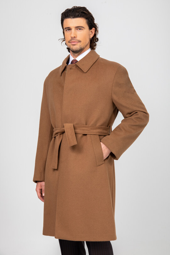 Erkek Camel Regular Fit Kaşmir Uzun Kuşaklı Palto