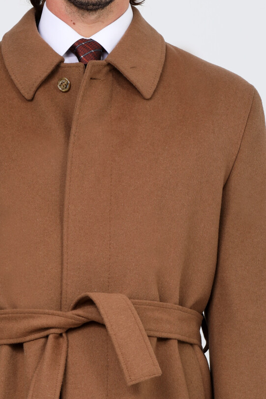Erkek Camel Regular Fit Kaşmir Uzun Kuşaklı Palto