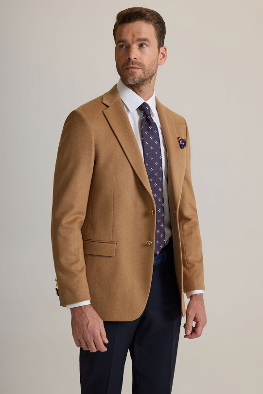 Erkek Camel Regular Fit Mono Yaka Puntolu Yün-Kaşmir Karışımlı Blazer Ceket