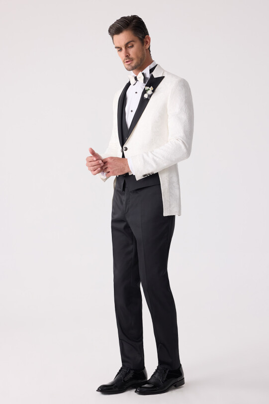 Erkek Ekru Silim Fit Desenli Damatlık