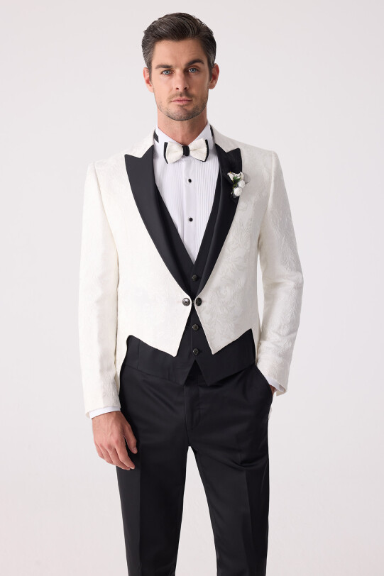 Erkek Ekru Silim Fit Desenli Damatlık