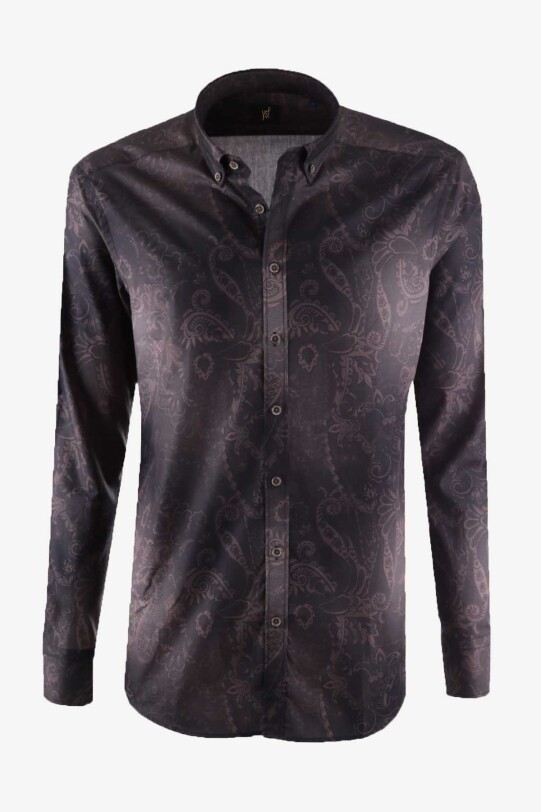 Erkek Eskitme Kahve Desenli Yarım İtalyan Slim Fit Gömlek