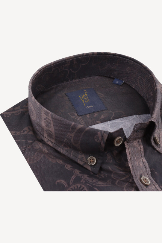 Erkek Eskitme Kahve Desenli Yarım İtalyan Slim Fit Gömlek