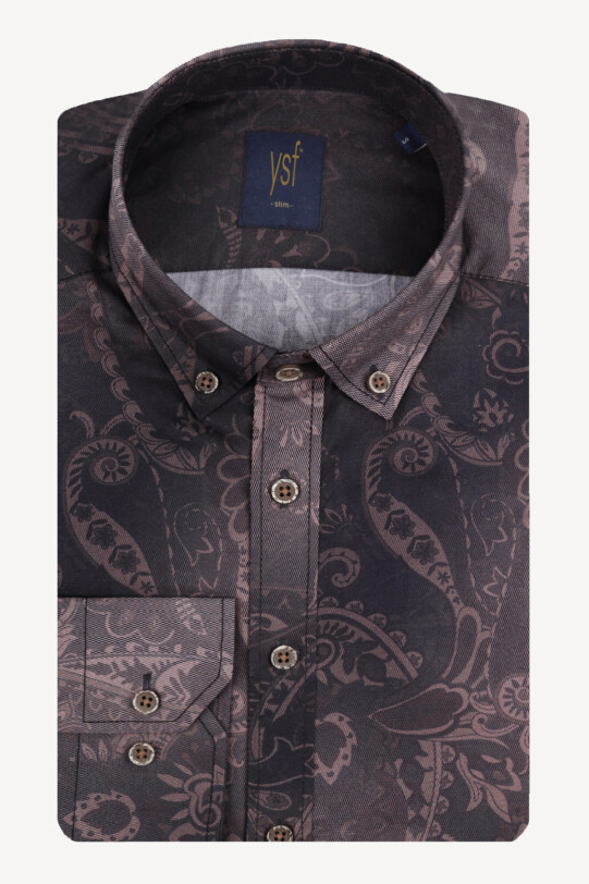 Erkek Eskitme Kahve Desenli Yarım İtalyan Slim Fit Gömlek