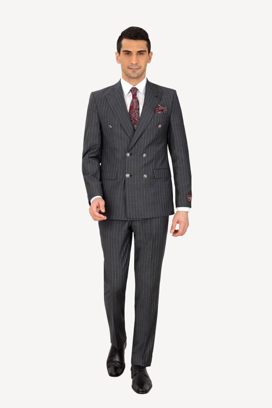 Erkek Füme Çizgili Regular Fit Kruvaze Takım Elbise