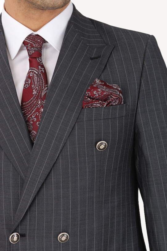 Erkek Füme Çizgili Regular Fit Kruvaze Takım Elbise